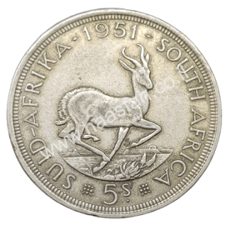 5 שילינג 1951, דרום אפריקה, כסף 0.500, כמות הטבעה רק 363,000 יחידות