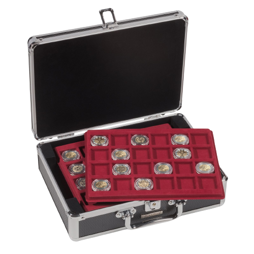 מזוודה איכותית עם 6 מגשים עבור מטבעות בקטרים שונים + 2 מפתחות