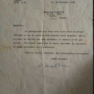 מכתב חתום על ידי האומן Henri Matisse , אחד מכדולי האומנים במאה העשרים