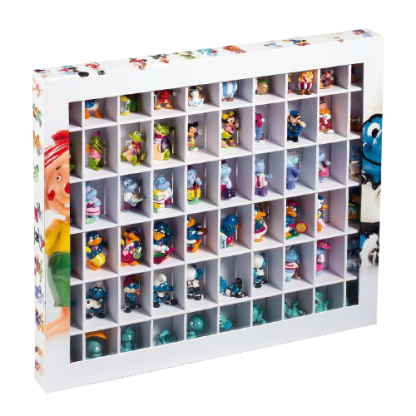קופסה עם מכסה לאחסון והצגת 60 צעצועים מביצי הפתעה (קינדר)