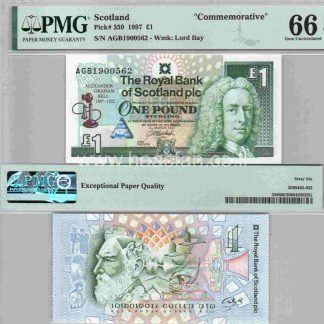 1 פאונד 1997, סקוטלנד - שטר הנצחה - 150 שנה להולדתו של אלכסנדר גרהם בל - בדירוג גבוה PMG 66 EPQ Gem Uncirculated