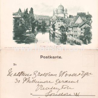 יודאיקה - גלויה מאויירת מקורית מהמאה ה19 - בית הכנסת הגדול של נירנברג