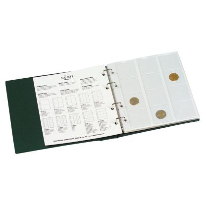 אלבום מטבעות מסדרת "NUMIS" עם מכסה הגנה וכריכה בצבע ירוק + 5 דפים בגדלים שונים + 5 דפי הפרדה